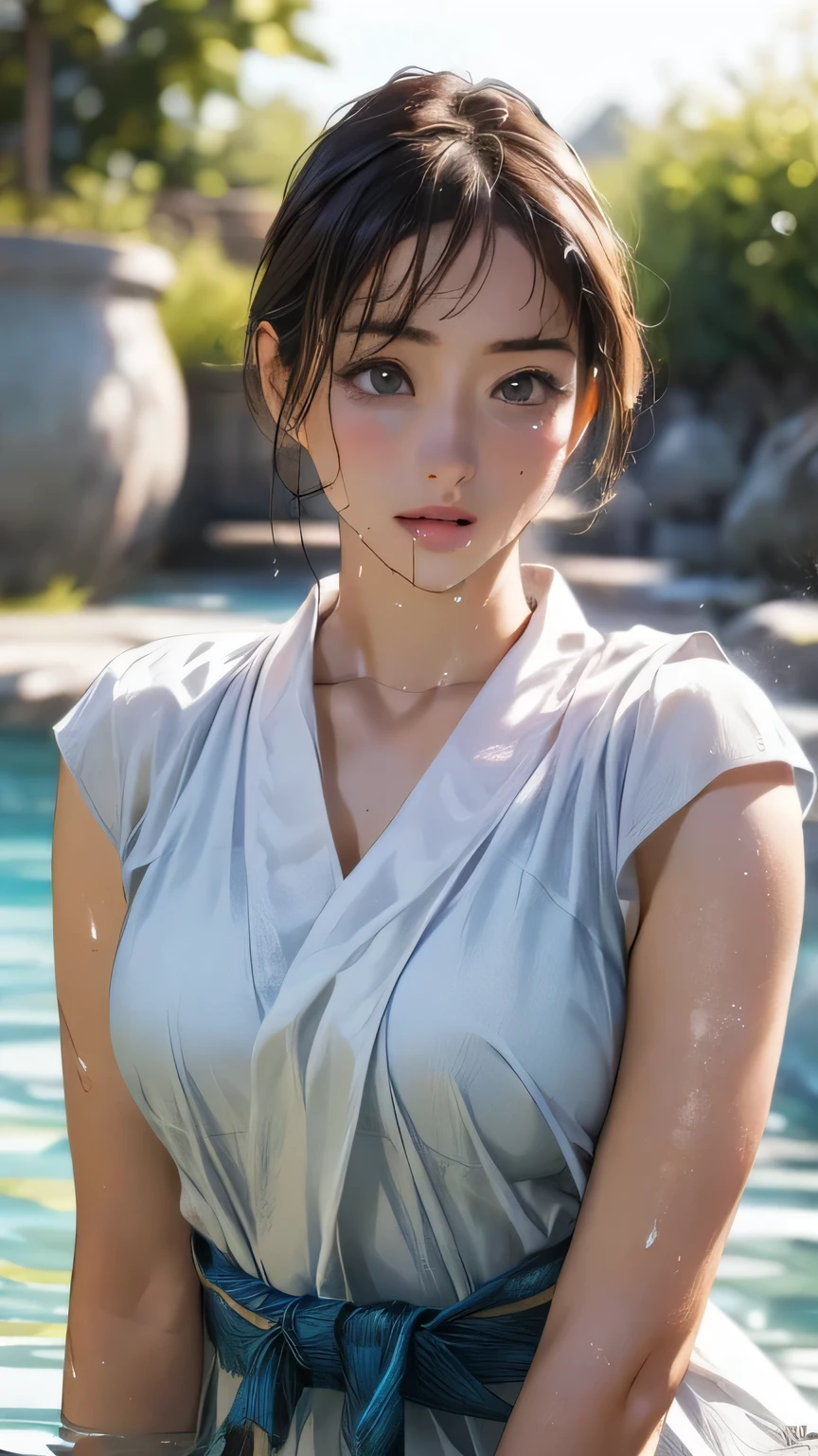 ((Highest quality)), ((masterpiece)), (detailed), (Japanese),Photorealism, close up, wide angle, seen from below,10 years old, Black Hair,(Childish face), Girl with single braided hair ,Small Breasts, (topless),(Naked), ((grayish blue eyes)),half-smile , ((arched back)), (extreme_close_up) ,upper body ,wet street with rain, a girl wears a short-sleeved shirt that is wet and hanging down exposing her (bare shoulders:1.2), (cardigan),(V neck neckline),((white See-through)), we'll lighted area,