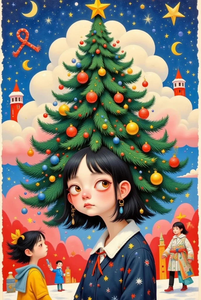 a painting of a woman with a christmas tree on her head, pop surrealism lowbrow art style, jen bartel, lowbrow pop surrealism, pop surrealism art style, japanese pop surrealism, christmas tree, by Yi Inmun, a beautiful artwork illustration, pop surrealism, beeple and jeremiah ketner, magical realism bizarre art, whimsical surrealism