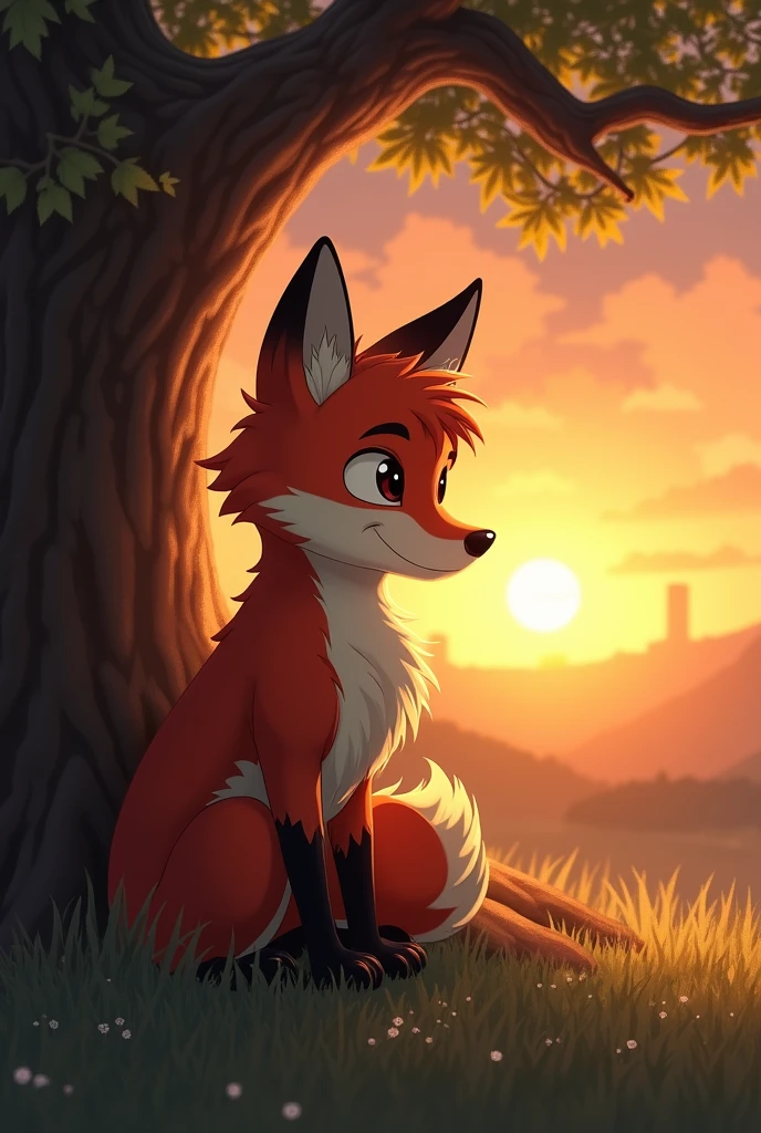 solo male, white fox, furry, smiling, red fur, Black fur stripe, netral, Traumatized face, dynamic lighting, illustration, beautiful, particles (high quality,4k,8k,highres,masterpiece:1.2), ultra-detailed, impressionistic:colorful,fullbody,sitting under a tree