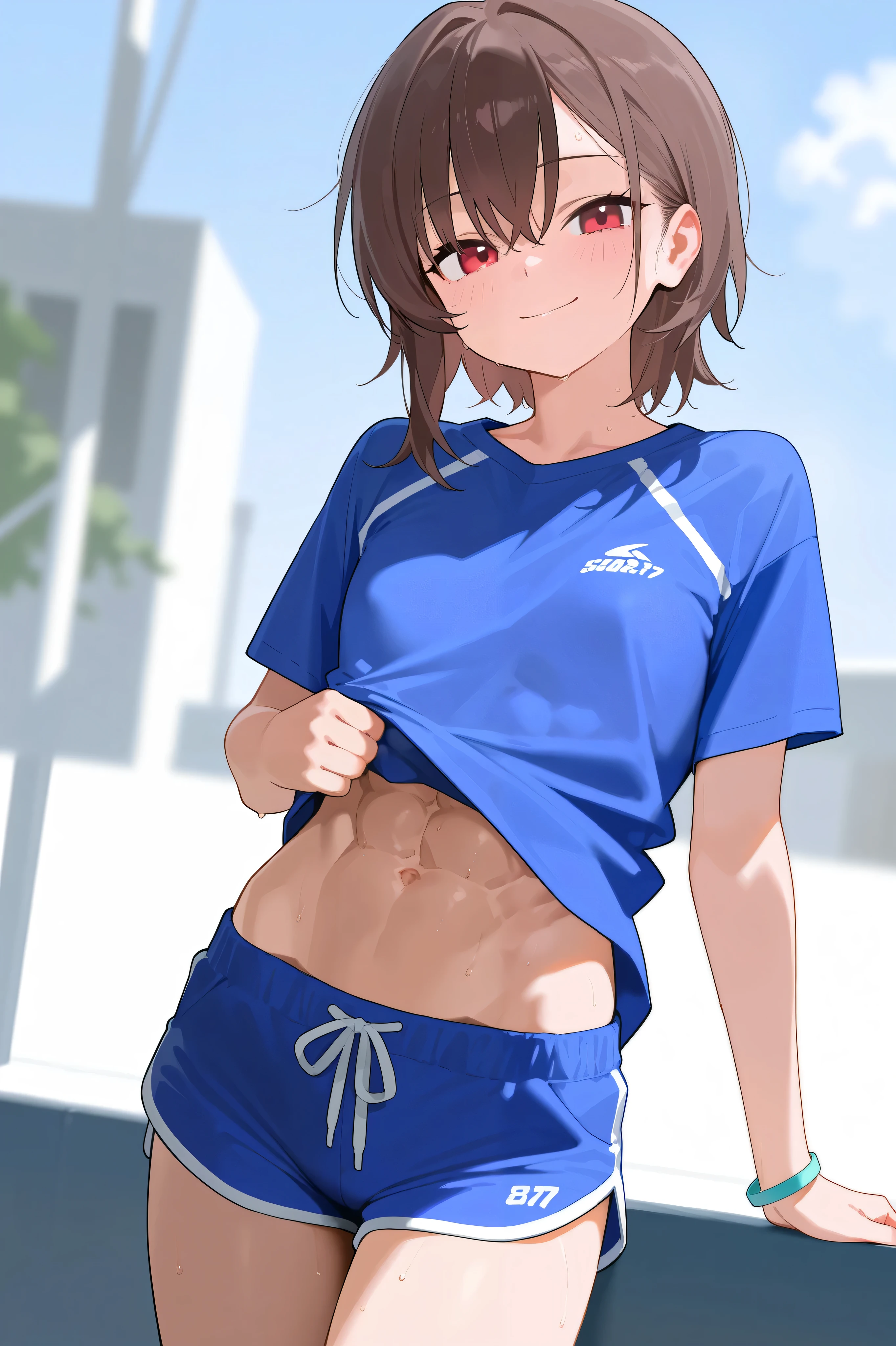 Brown Hair　 red eyes　 short　Short sleeve　Shorts　 girl　smile　 small tits　 abs