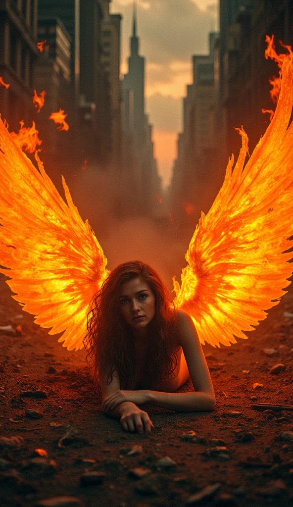 A magical realism painting of a fallen female angel kneeling nude with spectacular flaming wings amidst crumbling buildings and angel silhouettes, focused on her agonized expression and burning wings, with dramatic red and orange toned lighting, soft textures, selective focus on angel, contrapicado angle and hazy atmosphere as she is consumed by flames in a ruined apocalyptic city.