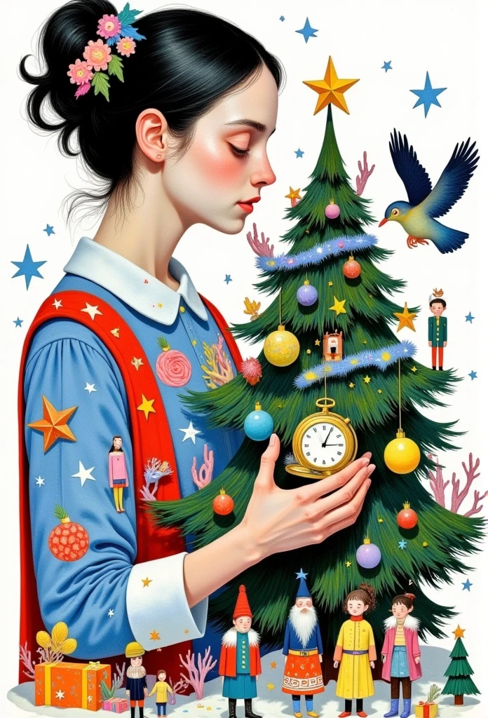 A close-up of a beautiful Christmas tree decorated with wooden red nutcracker toys and ornaments, a beautiful woman holding a golden round pocket watch with a 12-hour chain, traditional medium, watercolor, white background