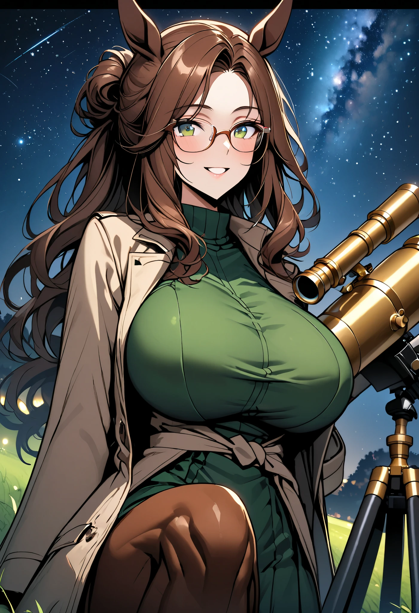 solo, female, close up, long wavy hair, brown hair, dark green eyes, centaur girl, brown horse ears, huge breasts, tied hair, modest clothes, night sky, wide smile, large brass telescope, telescope on tripod, starry sky, grassy field, night, coat, glasses, horse body, horse legs,