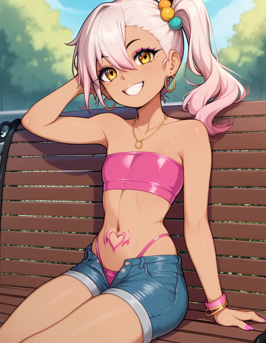 1girl,solo,smile,outdoor,midriff, pink tube top, denim hotpants, open fly, beld, gyaru clothes, thighighs,sitting,bench, chloe,dark_skinned_female,dark_skin,long_hair,pink_hair,yellow_eyes,hair_between_eyes,white_hair,bangs,flat chest,,half_updo,one_side_up, young girl, (loli:1.3), (afrobull), slender waist, nice hips, slut, side ponytail, stomach tattoo,