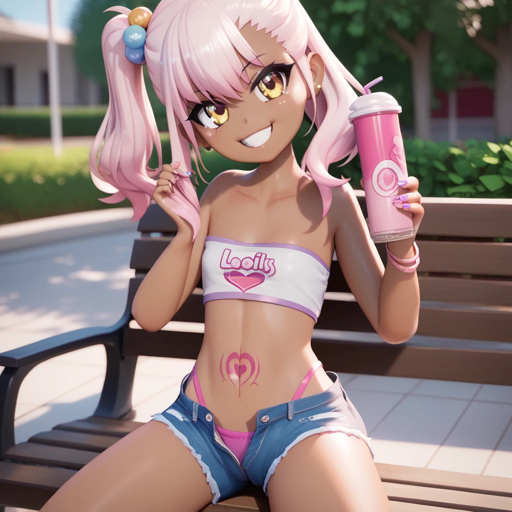 1girl,solo,smile,outdoor,midriff, pink tube top, denim hotpants, open fly, beld, gyaru clothes, thighighs,sitting,bench, chloe,dark_skinned_female,dark_skin,long_hair,pink_hair,yellow_eyes,hair_between_eyes,white_hair,bangs,flat chest,,half_updo,one_side_up, young girl, (loli:1.3), slender waist, nice hips, slut, side ponytail, cameltoe, thong, stomach tattoo,