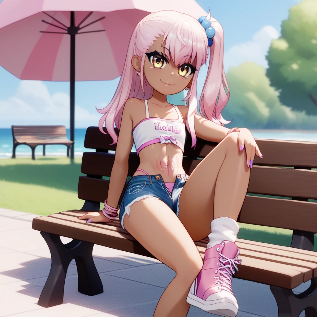 1girl,solo,smile,outdoor,midriff, pink tube top, denim hotpants, open fly, beld, gyaru clothes, thighighs,sitting,bench, chloe,dark_skinned_female,dark_skin,long_hair,pink_hair,yellow_eyes,hair_between_eyes,white_hair,bangs,flat chest,,half_updo,one_side_up, young girl, (loli:1.3), slender waist, nice hips, slut, side ponytail, cameltoe, thong, stomach tattoo,