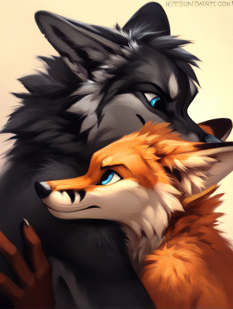 score_9, score_8_up, score_7_up, source_furry, rating_safe, by kenket, anthro, duo, male/male, wolf, black body, blue eyes, fox, orange body, disappointment, frustration, distress, fullbody portrait, silver toes, black feet
