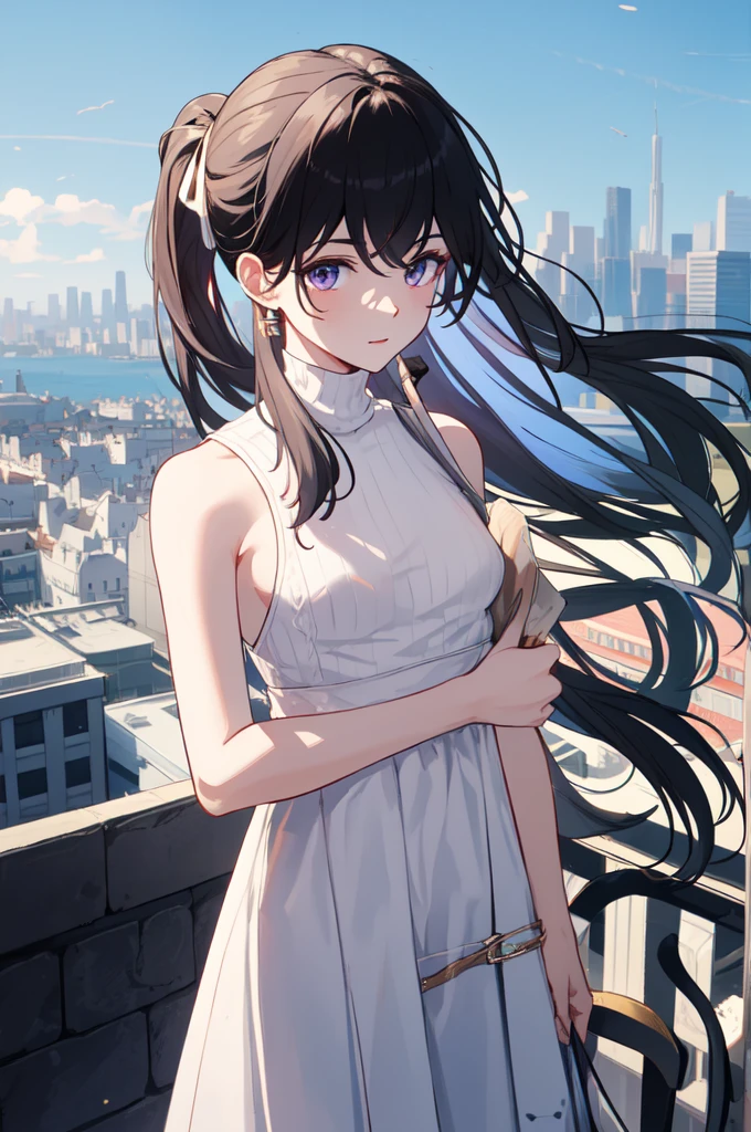 best quality, masterpiece,selenaPGR, white dress, two-tone long hair, ponytail, (sweater turtleneck, modest clothing:1.2) looking at viewer, upper body, cityscape, see though, covered