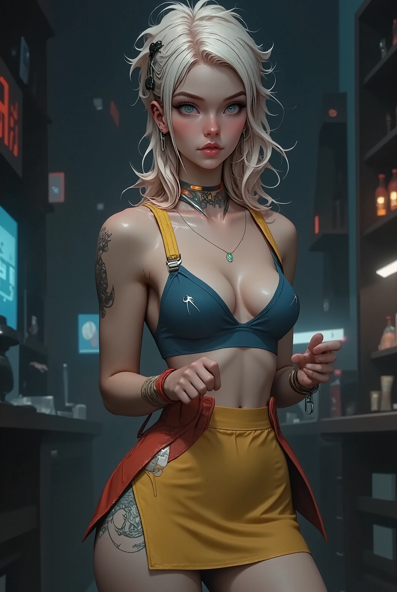 Unreal Engine:1.4, CG ultra realistic 64K, photorealistic :1.4, skin texture:1.4, masterpiece:1.4, Beautiful woman in doll lingerie、Ropa corta estilo cyberpunk color amarillo, pantimedias red, mini skirt blue, chiaroscuro, cinematic lighting, UHD, Retina, masterpiece, Accurate, anatomically correct, textured skin, Super detail, high details, high quality, award winning , best quality, highres, 1080P, HD, 16K
