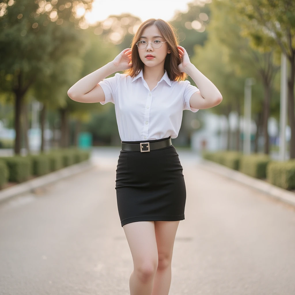 Fullbody photo of beautifully smooth, A chic Thai girl in 2024 fashion looks poses in a chic pose amidst the warm atmosphere of a Thai University attraction. wearing light gold round glasses, Her bob hair flows in the wind. A white short-sleeved collared six button-down shirt, short black pencil skirt, black belt. and sneakers with a gray and black design, with a good figure, She is standing with her hands on her ears, This picture perfectly conveys the freshness and confidence of a modern girl. making the model stand out.