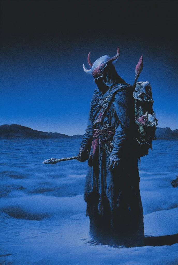 A cloaked figure stands in a stark desert landscape, wearing a white mask adorned with red horns and markings. The character is equipped with a spear in one hand and a large, loaded backpack on their back, featuring several pockets and gear. The figure’s attire, composed of layered fabrics and accessories, hints at a nomadic lifestyle. The background is a gradient of deep blues, suggesting twilight, contrasted by the light-colored sand dunes.