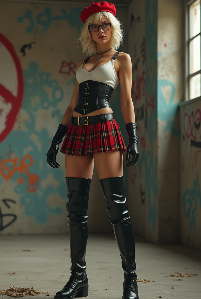 (best quality, highres:1.2), 1character, hot and curvaceous, detailed revealing outfit, white midriff tanktop, sexy shorts exposing panties up to hips, leather knee-high boots, Harley Quinn style, red and blue pigtails, baseball bat prop, HDR lighting, vivid colors, studio environment, extreme detail description, physical-based rendering, sharp focus, extreme curvature, revealing description, leather textures, confident pose, mid-shot, half body picture, full-frame appearance, provocative smirk, seductive eyes, bandana, belt with bat symbol, exposed shoulder, tattoos on arms, thigh-high socks, sexy and confident.