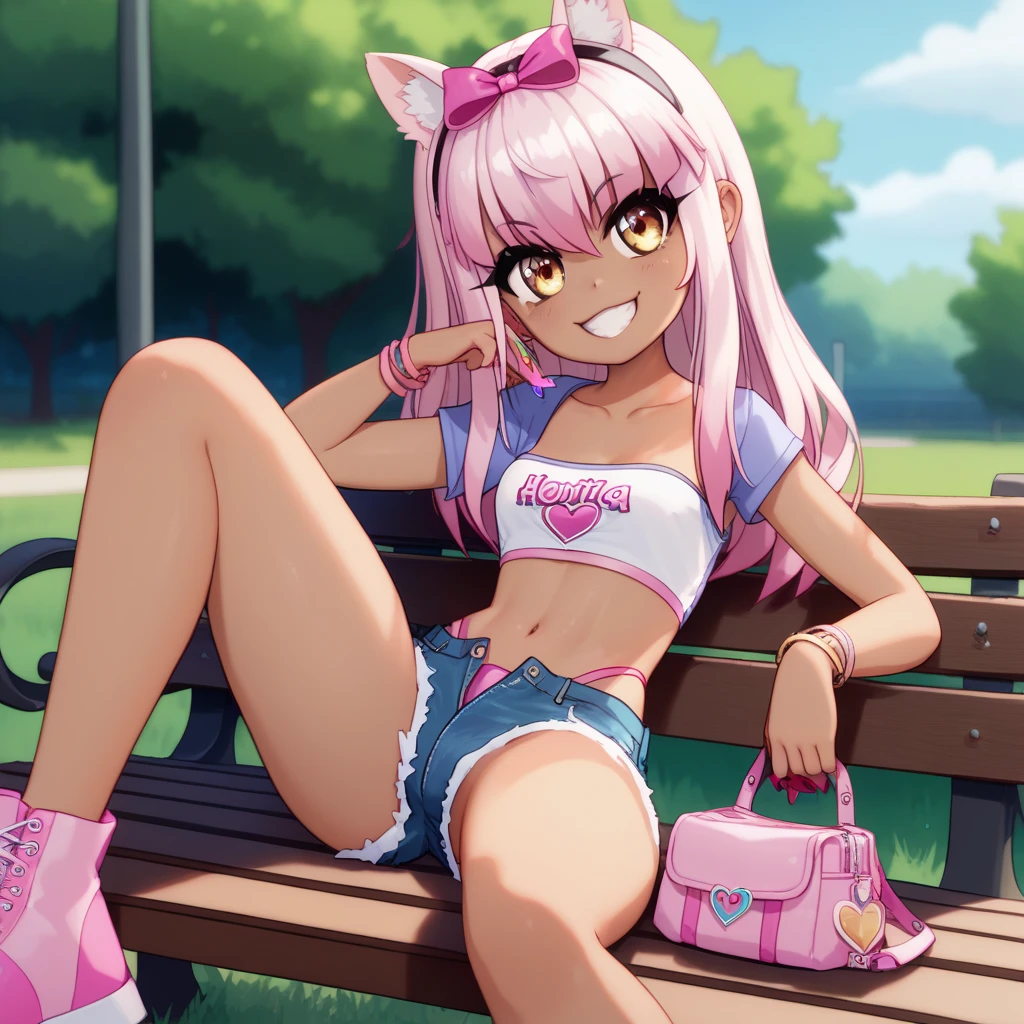 1girl,solo,smile,outdoor,midriff, pink tube top, denim hotpants, open fly, beld, gyaru clothes, thighighs,sitting,bench, chloe,dark_skinned_female,dark_skin,long_hair,pink_hair,yellow_eyes,hair_between_eyes,white_hair,bangs,smal breasts,,half_updo,one_side_up, young girl, (li:1.3), slender waist, nice hips, slut, cameltoe, thong.