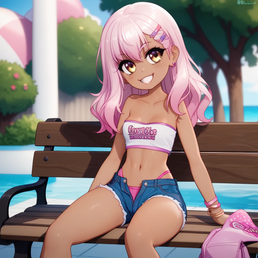 1girl,solo,smile,outdoor,midriff, pink tube top, denim hotpants, open fly, beld, gyaru clothes, thighighs,sitting,bench, chloe,dark_skinned_female,dark_skin,long_hair,pink_hair,yellow_eyes,hair_between_eyes,white_hair,bangs,smal breasts,,half_updo,one_side_up, young girl, (li:1.3), slender waist, nice hips, slut, cameltoe, thong.