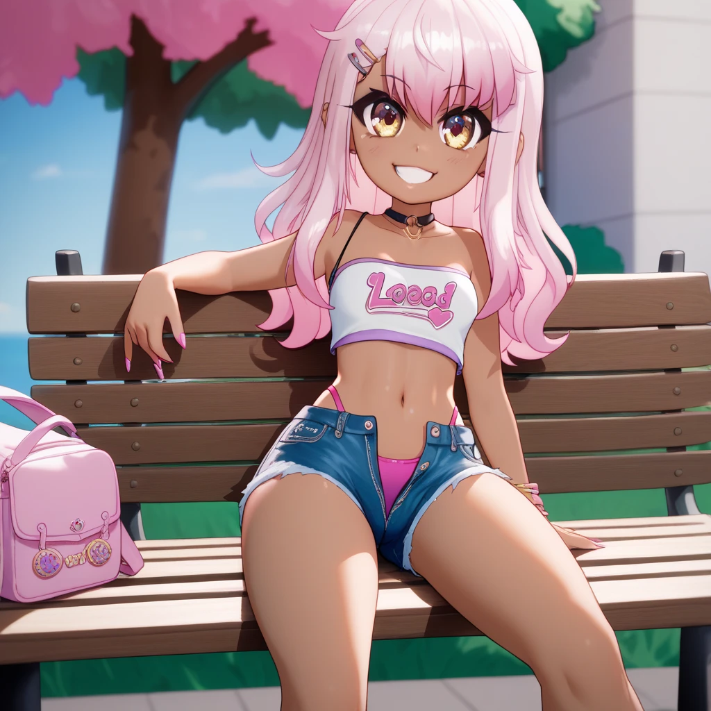 1girl,solo,smile,outdoor,midriff, pink tube top, denim hotpants, open fly, beld, gyaru clothes, thighighs,sitting,bench, chloe,dark_skinned_female,dark_skin,long_hair,pink_hair,yellow_eyes,hair_between_eyes,white_hair,bangs,smal breasts,,half_updo,one_side_up, young girl, (loli:1.3), slender waist, nice hips, slut, cameltoe, thong.