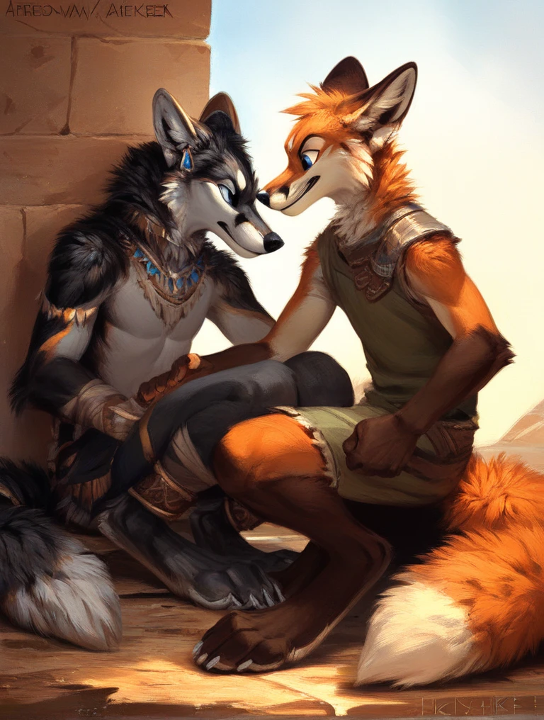 score_9, score_8_up, score_7_up, source_furry, rating_safe, by kenket, anthro, duo, male/male, wolf, disappointment, frustration, distress, fullbody portrait, silver toes, black feet, black body, blue eyes, fox, orange body
