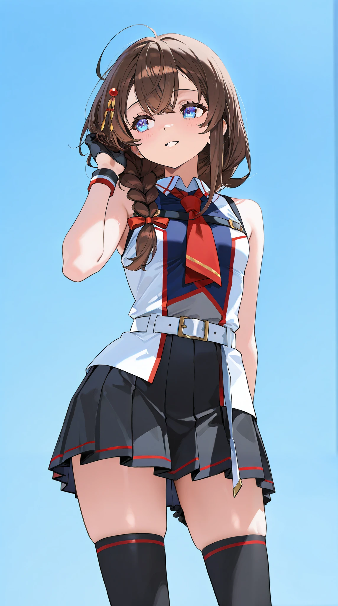 8k high resolution ( super detailed ), masterpiece, ( top quality )　 animated illustration 　 detailed eyes,  detailed face 　 detailed hands 　Fine hair　 very elaborate body 、 fine skin 　  One Girl 　 fleet this_Shigure　shigurekaisanKC　 long hair、Brown Hair、 hair ornament、 、 pleated skirt、Black gloves、 black high socks　fingertip gloves 、 black skirt 、 sleeveless shirt that grabs a girl's waist、 single braids、Red tie、two-tone shirt、Shoulder-hanging hair 、 hair flap、White belt　(chest)　 gentle expression　 oblique view from below　Blue sky background 