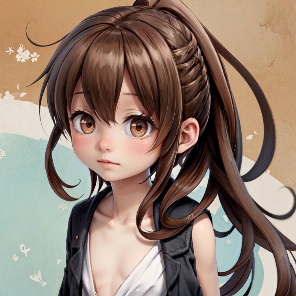 1girl, brown eyes, ponytail, very long hair, flat chest,