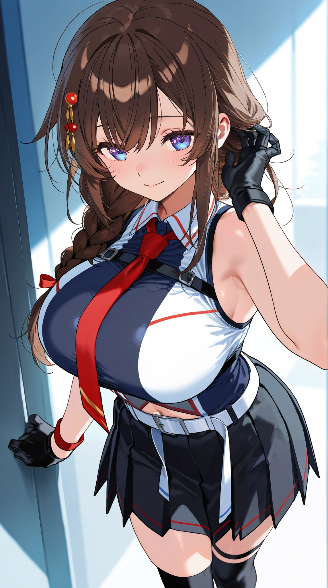 8k high resolution ( super detailed ), masterpiece, ( top quality )　 animated illustration 　 detailed eyes,  detailed face 　 detailed hands 　Fine hair　 very elaborate body 、 fine skin 　  One Girl 　 fleet this_Shigure　shigurekaisanKC　 long hair、Brown Hair、 hair ornament、 、 pleated skirt、Black gloves、 black high socks　fingertip gloves 、 black skirt 、 sleeveless shirt that grabs a girl's waist、 single braids、Red tie、two-tone shirt、Shoulder-hanging hair 、 hair flap、White belt　(Big Breasts)