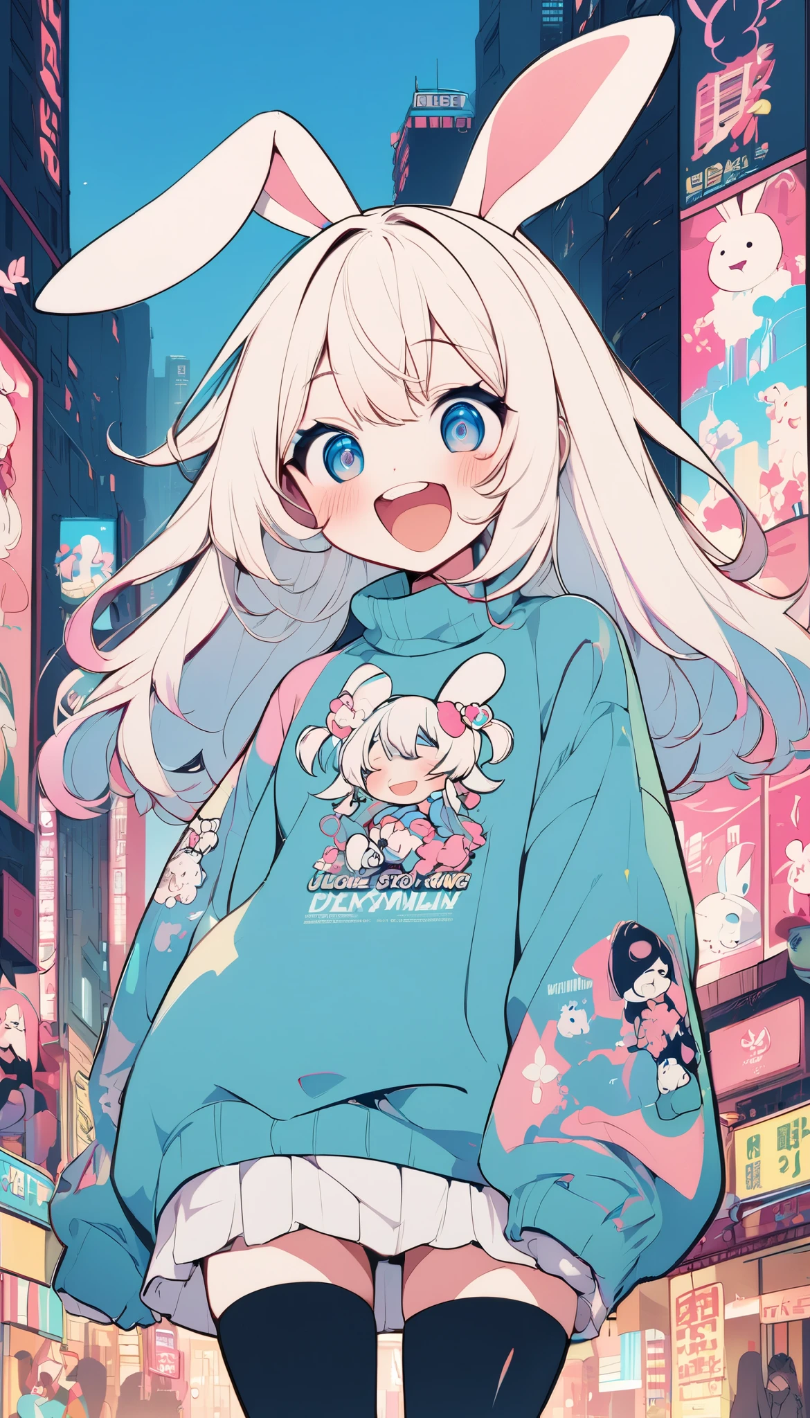 Quite strong deformation、 cute anime girl with a very low head and body 、 cute rabbit ears is laughing、Bold poses、Dreamy and cute、Sickly cute、Simple oversized pullover、 Knee High Socks、city background、Poster Style、flat-colors、A meticulously calculated 、Placed motifs、High design quality、 kitschy aesthetics 