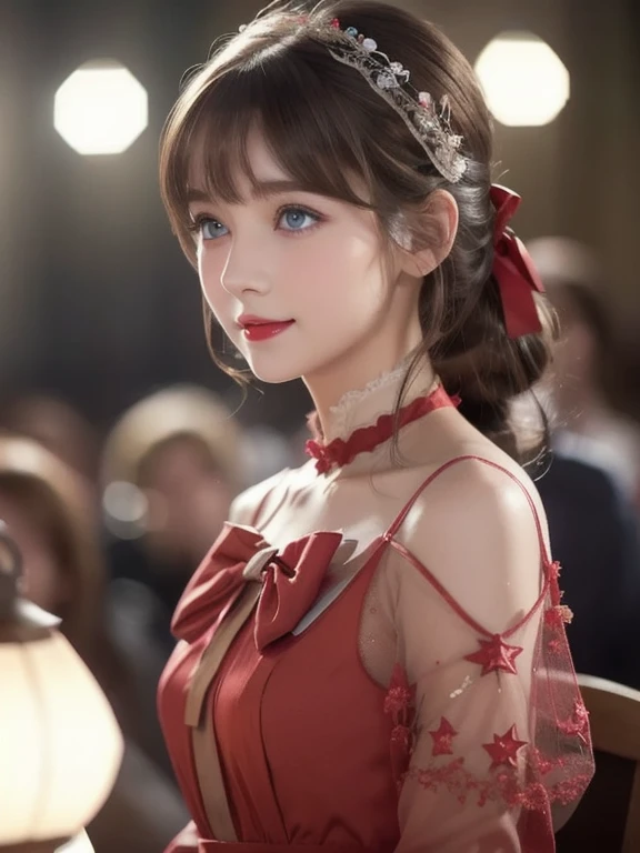 ( extremely delicate and beautiful: 1.2),  One girl , bangs,  blue eyes, Blur, Blur background, bow, Brown Hair, shut up, Side View, Eyebrow hair, hair bow,  lantern, Particles of light,  Long Sleeve ,  watching the audience,  medium hair,   knight , red bow, Alone, star(symbol),  upper body, smile,  red lips