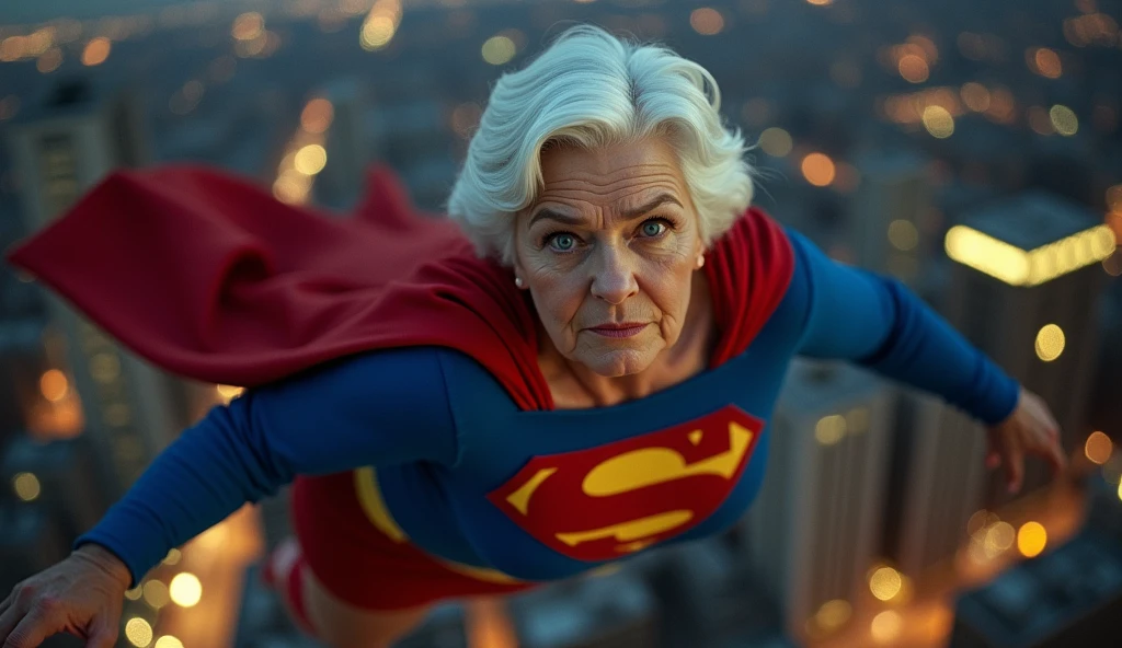 Julie Hagerty(((very beautiful old Supergirl (((1984s costume))); Julie Hagerty))) Super old woman Julie Hagerty; confident, powerful, indestructible, attractive; big and firm chest, floating high above the city, sunlight streaming through the clouds, dramatic pose, cinematic lighting, colorful cityscape below, gritty urban environment, intricate details, hyper-realistic, 8k, cinematic, dramatic, grandiose, superhero, flying, cape flowing, muscular, confident, powerful, determined expression, glowing eyes, lens flare, volumetric lighting, cinematic camera angle, dramatic shadows and highlights, photorealistic, vibrant colors, highly detailed, masterpiece