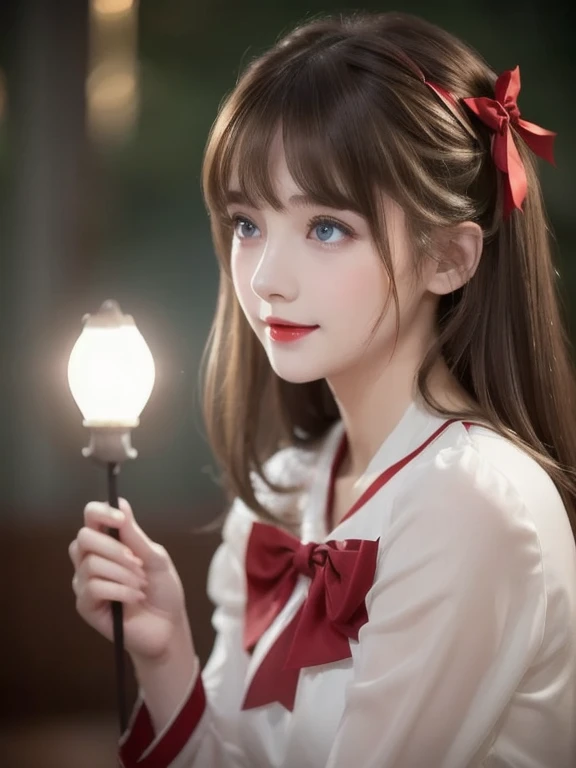 (extremely delicate and beautiful: 1.2), 1 girl, hits, Blue eyes, blur, blur background, bow, Brown hair, Shut up, side view, hair between the eyes, hair bow, lantern, light particles, long sleeves, look looking at the audience, medium hair, evening, red bow, Alone, stars(Symbol), Upper part of the body, SMILE, Red lips
