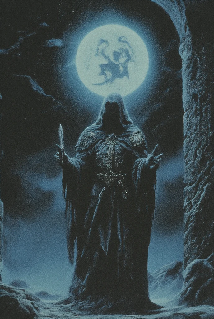 A shadowy figure cloaked in an ethereal, glowing robe stands against a dark background, holding a jagged sword. The figure has a hooded head, with a void where the face should be, and is adorned with intricate armor featuring sharp, protruding spikes. A large, luminous full moon is positioned above the figure, casting a ghostly light, while a rugged stone wall is partially visible to the right. The overall atmosphere conveys a sense of darkness and mystery.