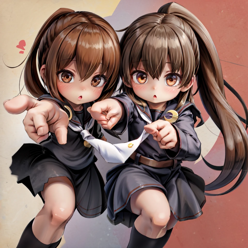 1girl, fumibase,
brown eyes, ponytail, very long hair, flat chest,
black serafuku, white neckerchief, black shirt, belt, black skirt,
crescent pin,
black socks, kneehighs, loafers,　crescent,
pointing at viewer, pointing,
sidelocks, brown hair,
chestnut mouth, :o,
young, ,