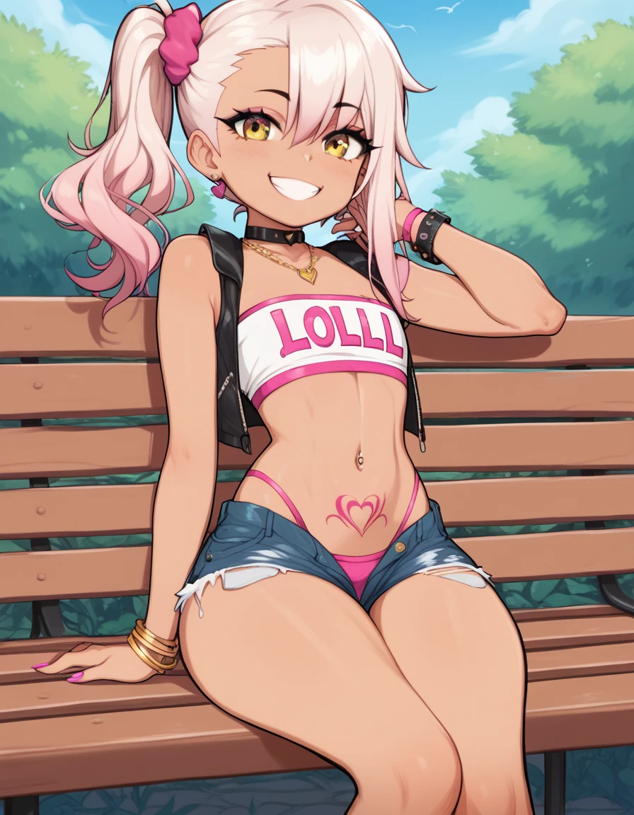 1girl,solo,smile,outdoor,midriff, pink tube top, denim hotpants, open fly, beld, gyaru clothes, thighighs,sitting,bench, chloe,dark_skinned_female,dark_skin,long_hair,pink_hair,yellow_eyes,hair_between_eyes,white_hair,bangs,flat chest,,half_updo,one_side_up, young girl, (loli:1.3), (afrobull), slender waist, nice hips, slut, side ponytail, chloes stomach tattoo,