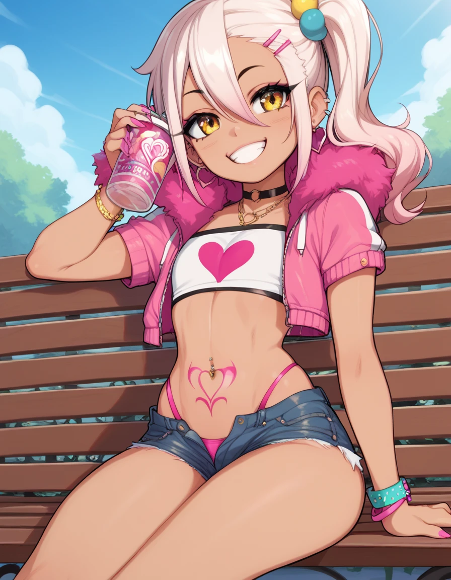 1girl,solo,smile,outdoor,midriff, pink tube top, denim hotpants, open fly, beld, gyaru clothes, thighighs,sitting,bench, chloe,dark_skinned_female,dark_skin,long_hair,pink_hair,yellow_eyes,hair_between_eyes,white_hair,bangs,flat chest,,half_updo,one_side_up, young girl, (loli:1.3), (afrobull), slender waist, nice hips, slut, side ponytail, chloes stomach tattoo,