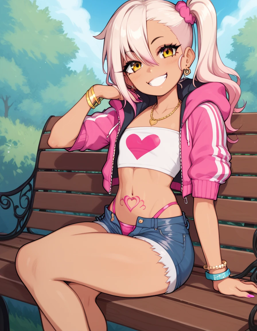 1girl,solo,smile,outdoor,midriff, pink tube top, denim hotpants, open fly, beld, gyaru clothes, thighighs,sitting,bench, chloe,dark_skinned_female,dark_skin,long_hair,pink_hair,yellow_eyes,hair_between_eyes,white_hair,bangs,flat chest,,half_updo,one_side_up, young girl, (loli:1.3), (afrobull), slender waist, nice hips, slut, side ponytail, chloes stomach tattoo,