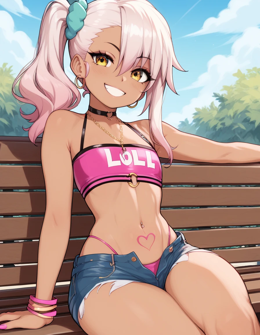 1girl,solo,smile,outdoor,midriff, pink tube top, denim hotpants, open fly, beld, gyaru clothes, thighighs,sitting,bench, chloe,dark_skinned_female,dark_skin,long_hair,pink_hair,yellow_eyes,hair_between_eyes,white_hair,bangs,flat chest,,half_updo,one_side_up, young girl, (loli:1.3), (afrobull), slender waist, nice hips, slut, side ponytail, chloes stomach tattoo,