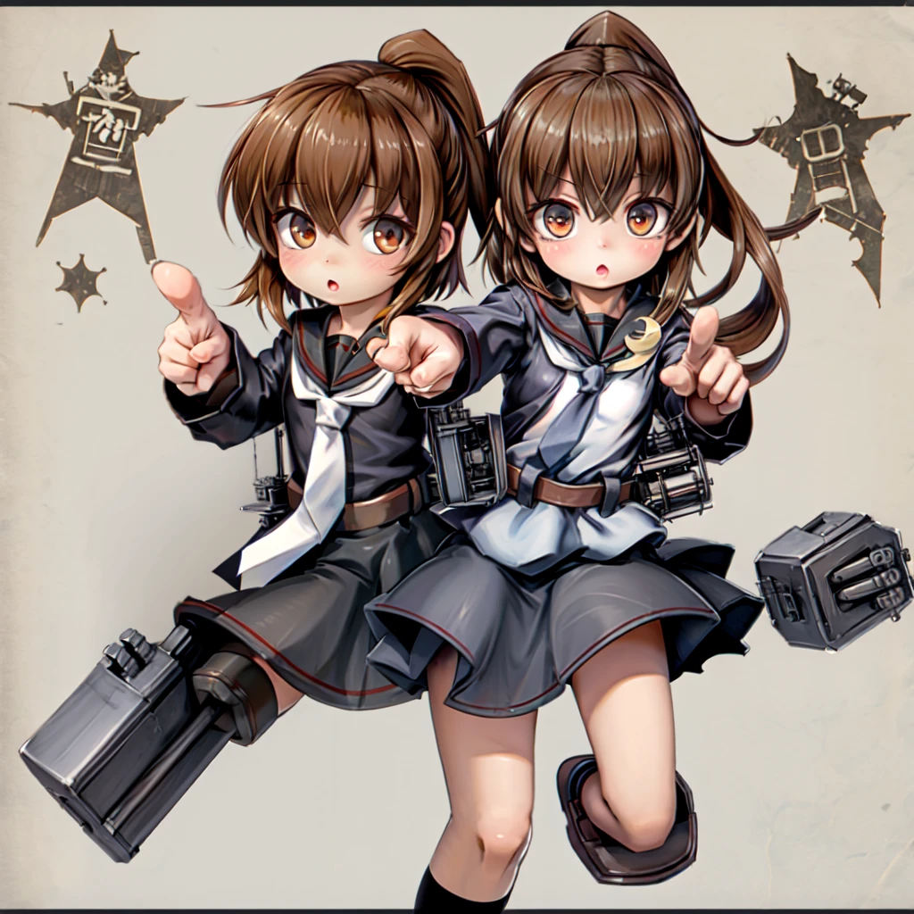 1girl, fumibase,
brown eyes, ponytail, very long hair, flat chest,
black serafuku, white neckerchief, black shirt, belt, black skirt,
crescent pin,
black socks, kneehighs, loafers,　crescent,
pointing at viewer, pointing,
sidelocks, brown hair,
chestnut mouth, :o,　machinery, rigging,
depth charge, turret, boat, torpedo launcher

young, ,