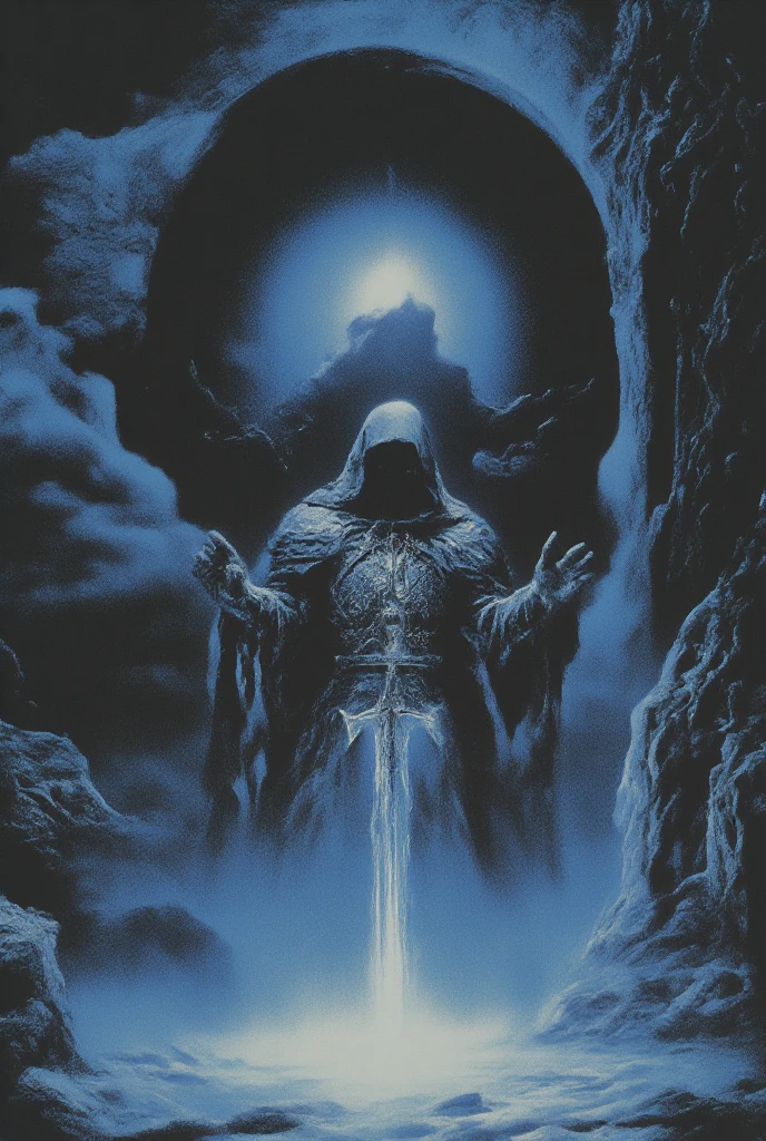 A shadowy figure cloaked in an ethereal, glowing robe stands against a dark background, holding a jagged sword. The figure has a hooded head, with a void where the face should be, and is adorned with intricate armor featuring sharp, protruding spikes. A large, luminous full moon is positioned above the figure, casting a ghostly light, while a rugged stone wall is partially visible to the right. The overall atmosphere conveys a sense of darkness and mystery. The background is a gradient of deep blues, suggesting twilight, contrasted by the light-colored sand dunes.
