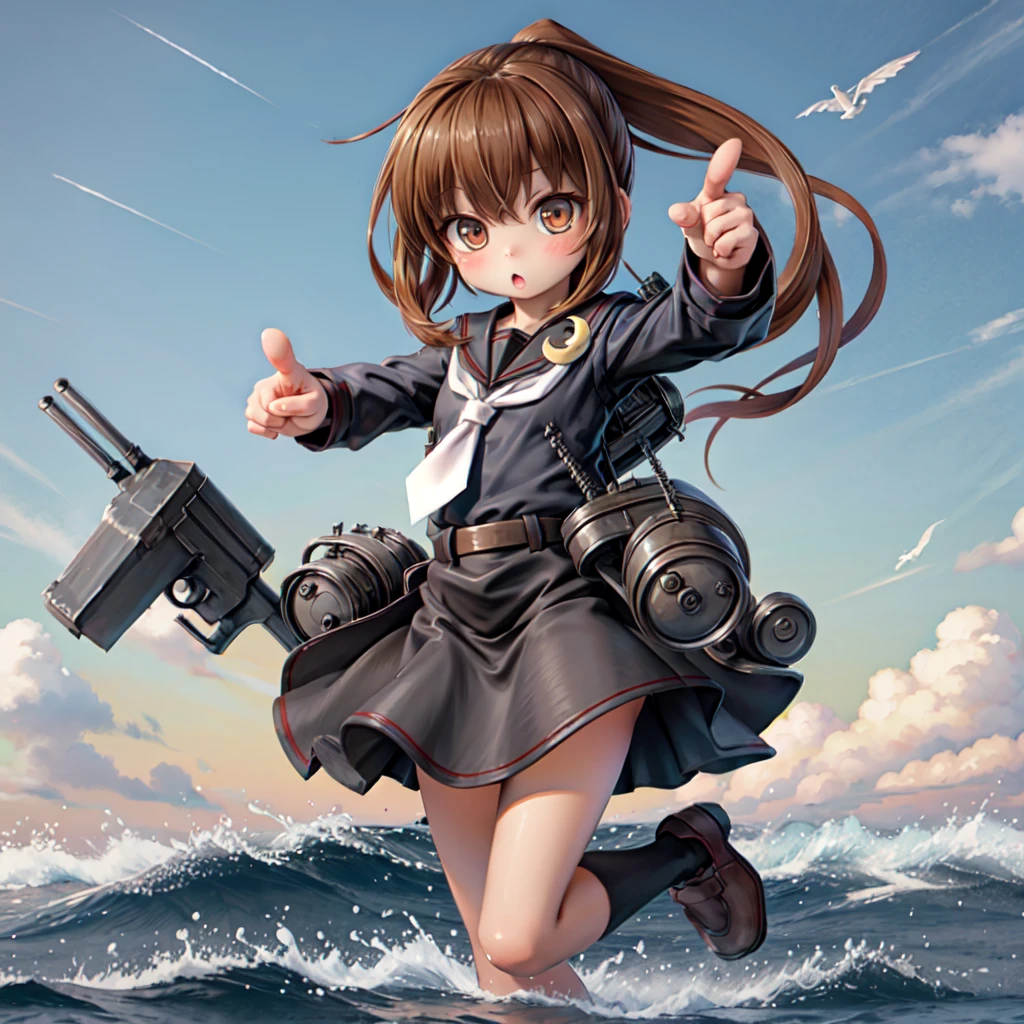 1girl, fumibase,
brown eyes, ponytail, very long hair, flat chest,
black serafuku, white neckerchief, black shirt, belt, black skirt,
crescent pin,
black socks, kneehighs, loafers,　crescent,
pointing at viewer, pointing,
sidelocks, brown hair,
chestnut mouth, :o,　machinery, rigging,
depth charge, turret, boat, torpedo launcher

young, ,