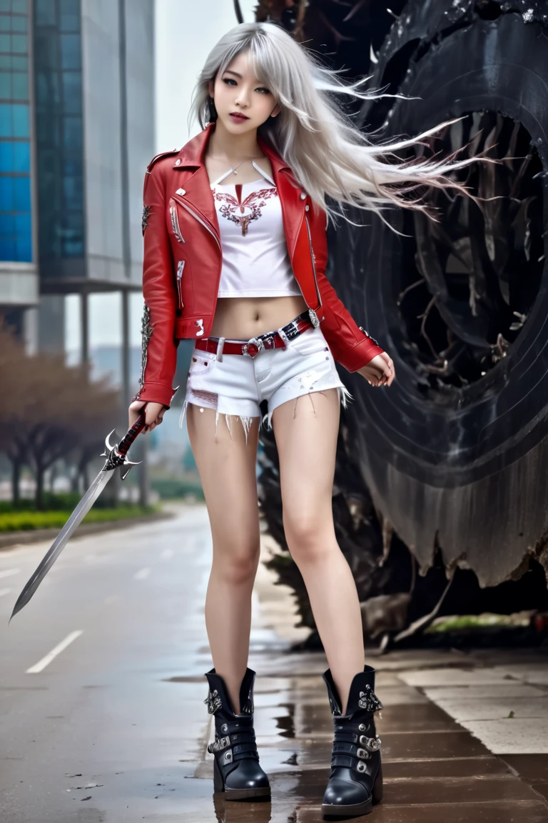  one girl, Silver Hair, semi-long hair, long lashes, red eyes,white, fine skin, Red Leather Jacket on Bare Skin ,Front open, Damaged Denim Hot Pants , Leather Short Boots ,Full body portrait, Short Sword with a luxurious decoration on the right hand,Stone Bird Top ,Cloudy, Strong Wind Is Blowing ,