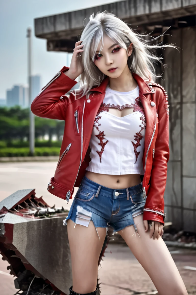  one girl, Silver Hair, semi-long hair, long lashes, red eyes,white, fine skin, Red Leather Jacket on Bare Skin ,Front open, Damaged Denim Hot Pants , Leather Short Boots ,Full body portrait, Short Sword with a luxurious decoration on the right hand,Stone Bird Top ,Cloudy, Strong Wind Is Blowing ,