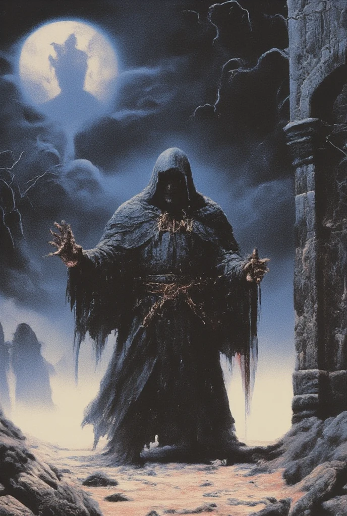 A shadowy figure cloaked in an ethereal, glowing robe stands against a dark background, holding a jagged sword. The figure has a hooded head, with a void where the face should be, and is adorned with intricate armor featuring sharp, protruding spikes. A large, luminous full moon is positioned above the figure, casting a ghostly light, while a rugged stone wall is partially visible to the right. The overall atmosphere conveys a sense of darkness and mystery. The background is a gradient of deep blues, suggesting twilight, contrasted by the light-colored sand dunes.
