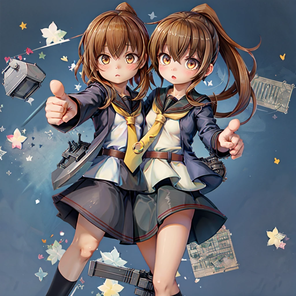 1girl, fumikaini,
brown eyes, ponytail, very long hair, flat chest,
black sailor collar, white shirt, yellow neckerchief, blue jacket, open jacket, belt, black skirt,
crescent tie clip,
black socks, kneehighs, loafers,　crescent, pointing at viewer, pointing, sidelocks, brown hair, chestnut mouth, :o,　machinery, rigging, depth charge, turret, boat, torpedo launcher young, ,