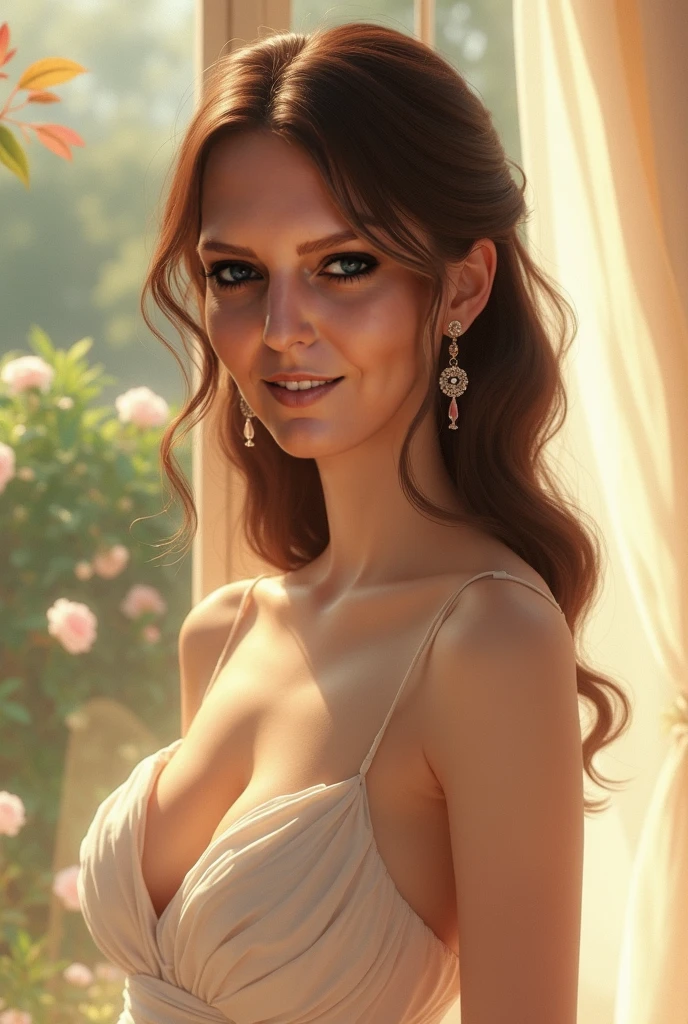 realistisches Farbfoto einer Frau (Eva Mendes) in einem roten Kleid, die an einem Tisch sitzt, elegante Frau, elegante Dame, das Kleid hat einen sehr tiefen Ausschnitt, beautiful full breasts, more voluptuous, seductive glance, die Frau will Sex, begierig, leidenschaftlich, verlangend