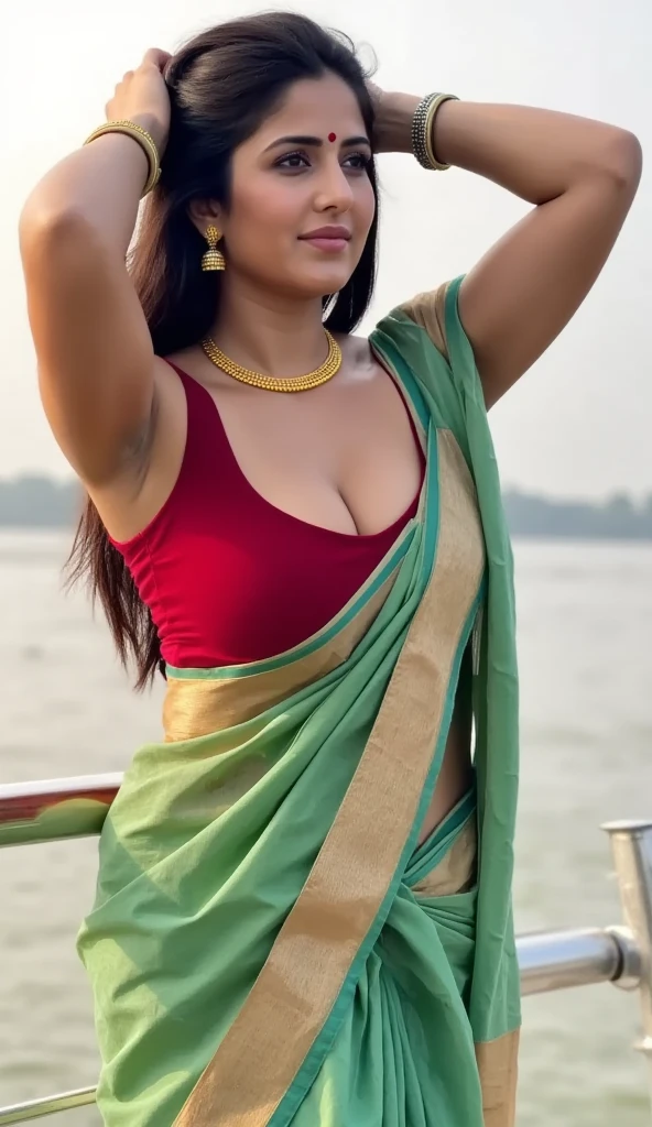 Full body photo of hourglass figure Mature Indian , showing her large U cut Cleavage, Red Sindoor on her forehead, Both hands streched up above head showing dark hairy armpits, very long silky Hair , nice curves, , sensual, erotic,  hairy armpit, bending forward to show her cleavage ,   , part of her nipples seen.hd 8k, on yacht with sea in background , saree, navel, full body view, green saree 