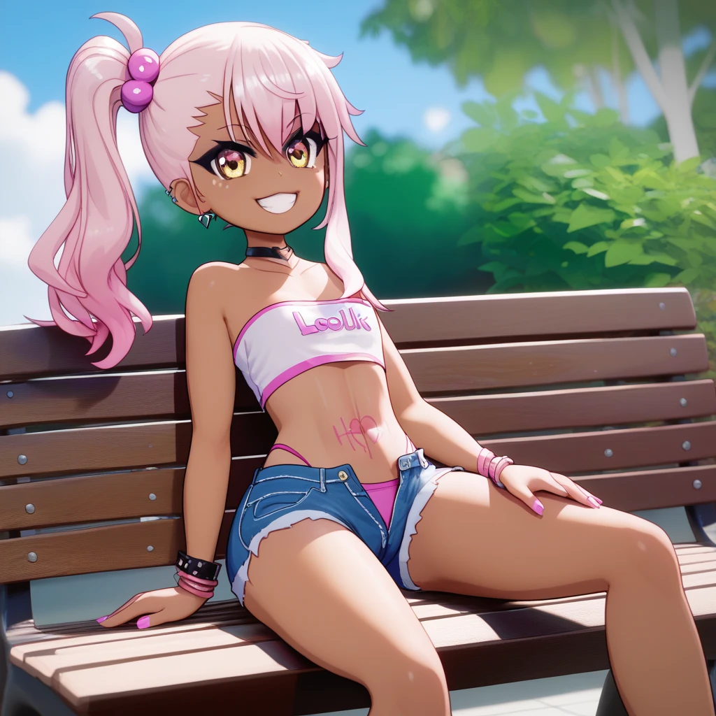 1girl,solo,smile,outdoor,midriff, pink tube top, denim hotpants, open fly, beld, gyaru clothes, thighighs,sitting,bench, chloe,dark_skinned_female,dark_skin,long_hair,pink_hair,yellow_eyes,hair_between_eyes,white_hair,bangs,flat chest,,half_updo,one_side_up, young girl, (li:1.3), slender waist, nice hips, slut, side ponytail, cameltoe, thong, chloe von einzberns stomach tattoo,