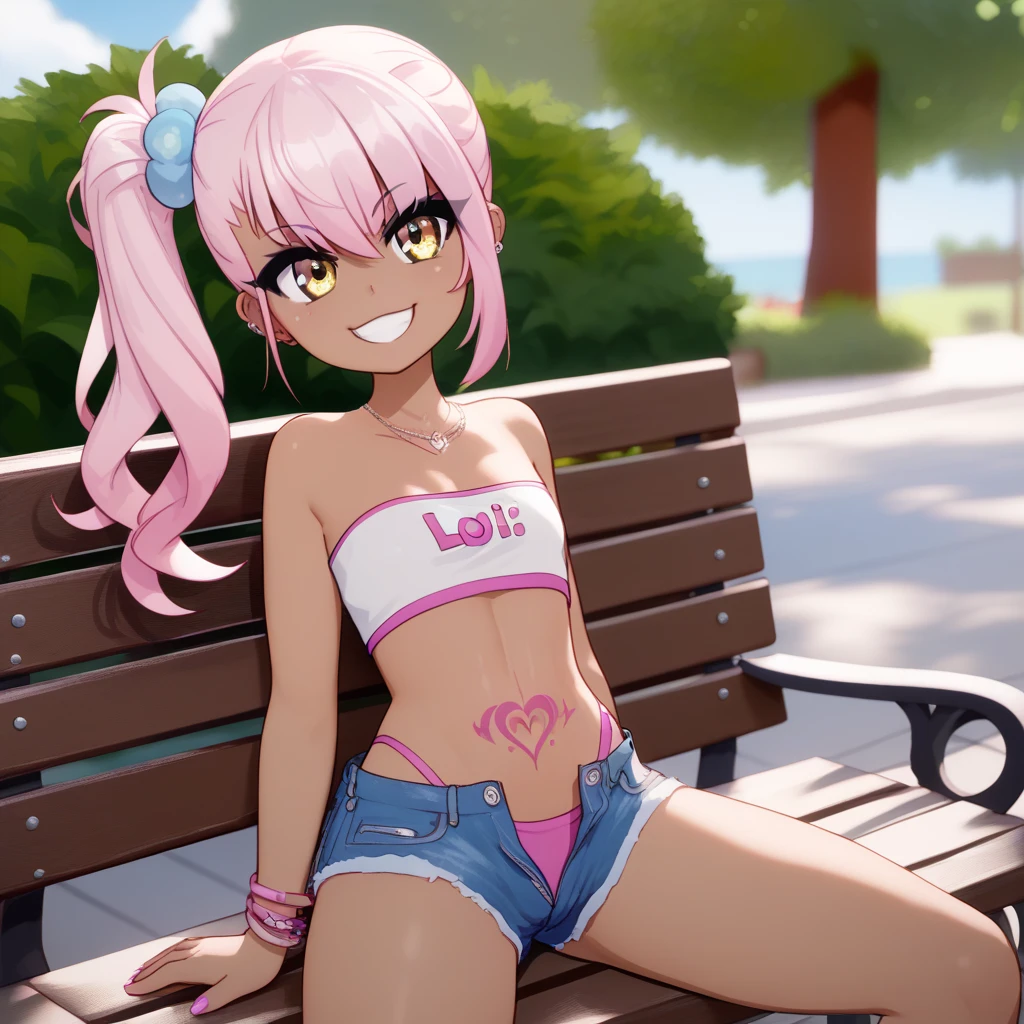 1girl,solo,smile,outdoor,midriff, pink tube top, denim hotpants, open fly, beld, gyaru clothes, thighighs,sitting,bench, chloe,dark_skinned_female,dark_skin,long_hair,pink_hair,yellow_eyes,hair_between_eyes,white_hair,bangs,flat chest,,half_updo,one_side_up, young girl, (li:1.3), slender waist, nice hips, slut, side ponytail, cameltoe, thong, stomach tattoo,