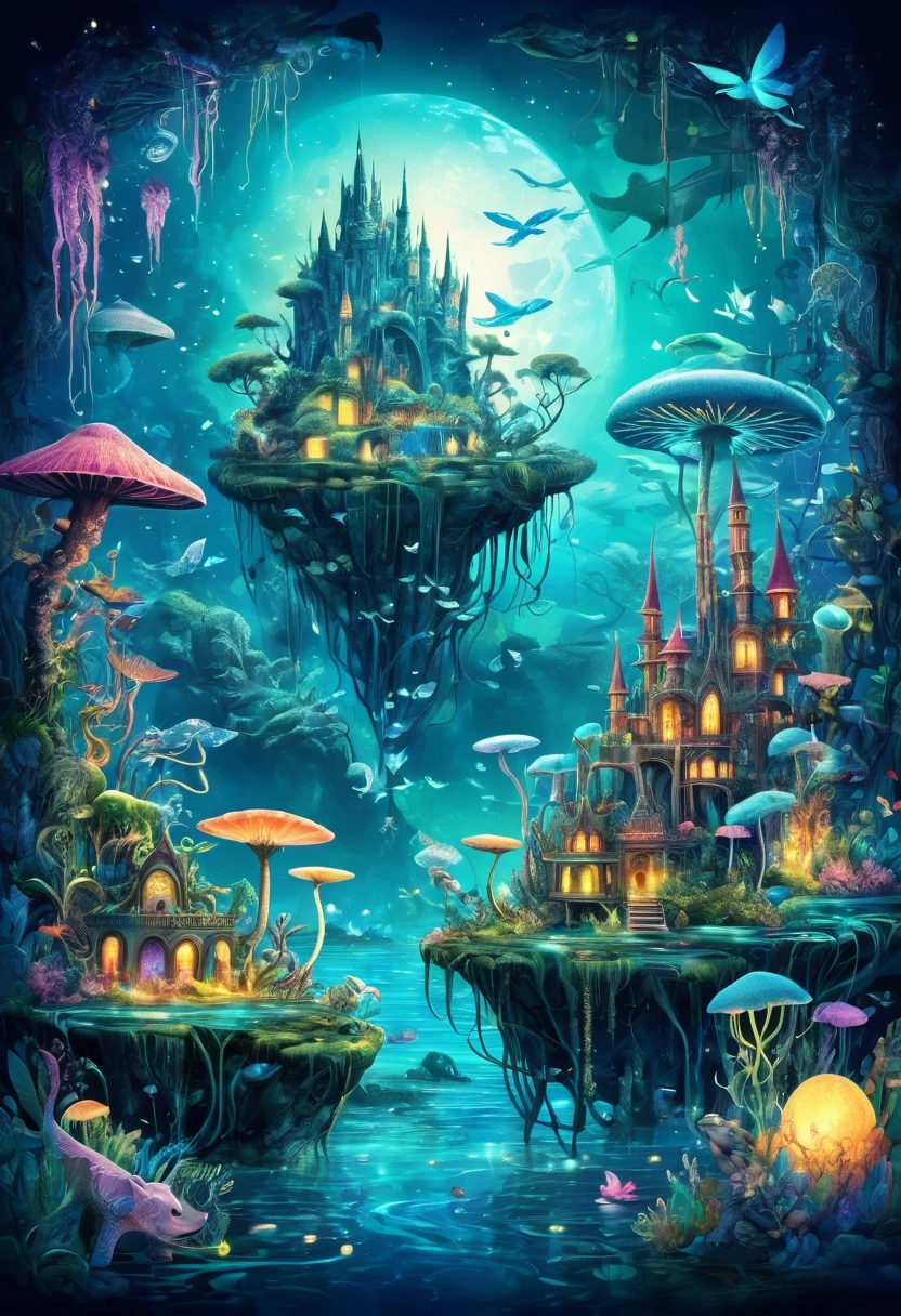 Fantastical animal kingdom, mixed media style, mythical and real creatures intertwined, floating islands, bioluminescent elements, dreamlike atmosphere