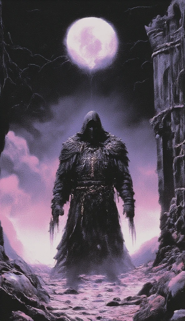 A shadowy figure cloaked in an ethereal, glowing robe stands against a dark background, holding a jagged sword. The figure has a hooded head, with a void where the face should be, and is adorned with intricate armor featuring sharp, protruding spikes. A large, luminous full moon is positioned above the figure, casting a ghostly light, while a rugged stone wall is partially visible to the right. The overall atmosphere conveys a sense of darkness and mystery. The background is a gradient of deep blues, suggesting twilight, contrasted by the light-colored sand dunes.
