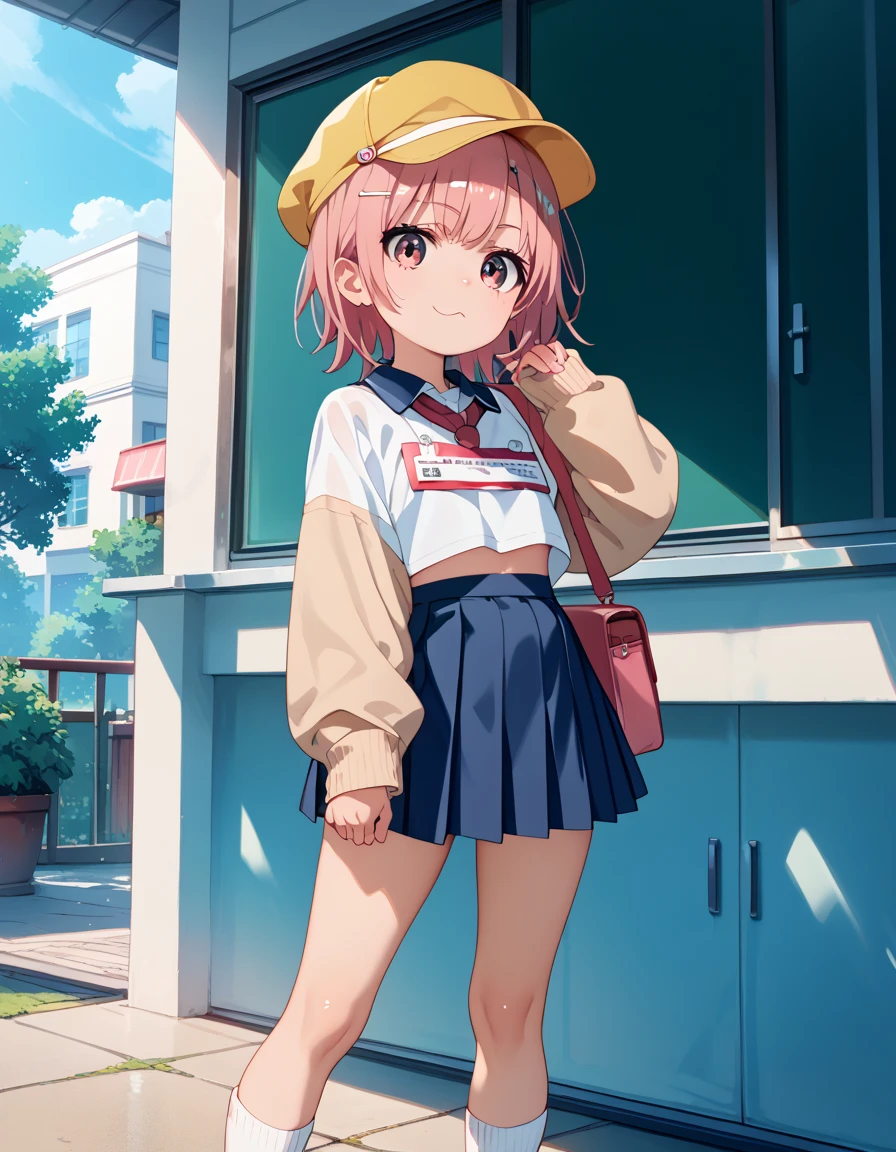 score_9, score_8_up, score_7_up, score_6_up, score_5_up, score_4_up, source_anime, masterpiece, best quality, loli, petite, shiny skin, gleaming skin, flat chest, pink hair, short hair, pink eyes, school hat,yellow headwear,pink shirt,long sleeves,name tag,(blue skirt:0.9),white socks,uwabaki,shoulder bag