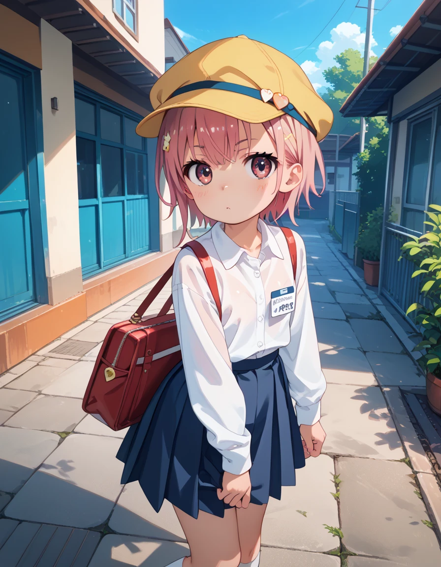 score_9, score_8_up, score_7_up, score_6_up, score_5_up, score_4_up, source_anime, masterpiece, best quality, loli, petite, shiny skin, gleaming skin, flat chest, pink hair, short hair, pink eyes, school hat,yellow headwear,pink shirt,long sleeves,name tag,(blue skirt:0.9),white socks,uwabaki,shoulder bag