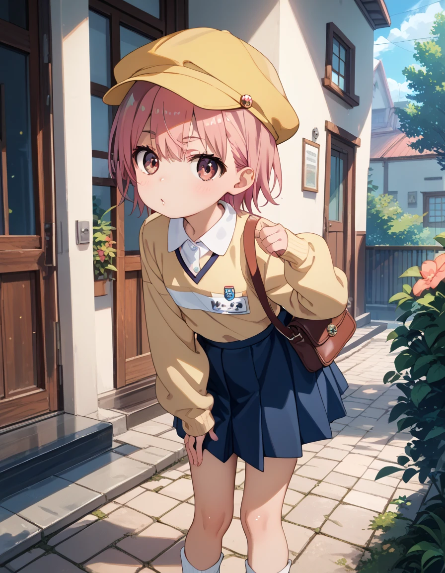 score_9, score_8_up, score_7_up, score_6_up, score_5_up, score_4_up, source_anime, masterpiece, best quality, loli, petite, shiny skin, gleaming skin, flat chest, pink hair, short hair, pink eyes, school hat,yellow headwear,pink shirt,long sleeves,name tag,(blue skirt:0.9),white socks,uwabaki,shoulder bag