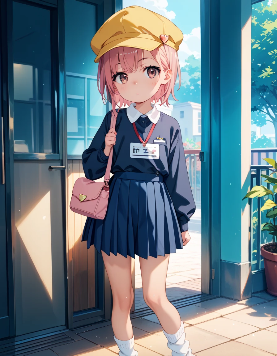 score_9, score_8_up, score_7_up, score_6_up, score_5_up, score_4_up, source_anime, masterpiece, best quality, loli, petite, shiny skin, gleaming skin, flat chest, pink hair, short hair, pink eyes, school hat,yellow headwear,pink shirt,long sleeves,name tag,(blue skirt:0.9),white socks,uwabaki,shoulder bag